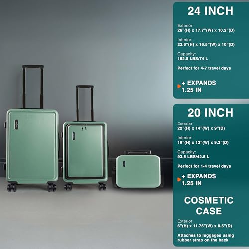TRAVELARIM 3 Piece Luggage Sets, 20 Inch Carry On Luggage, 24 Inch Suitcase - color: Sage Green, size: 3 Piece Set (20"/24")