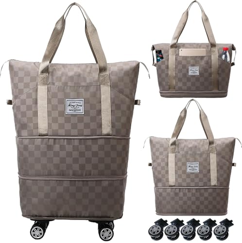 Expandable Foldable Duffel Bag Suitcases,Detachable Rolling Wheels,Rolling Duffle Bag with Wheels,Suitcase with Wheel,Carry on Luggage,Gift for Men Women Lightweight Suitcases (Khaki) - color: Khaki