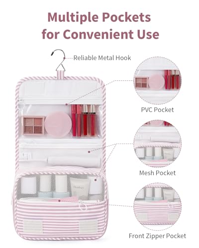 Narwey Small Hanging Travel Toiletry Bag for Women, Cosmetic Makeup Bag - color: Y-Dusty Pink Stripe
