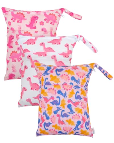 ALVA 2pcs Wet Dry Bags for Diaper Bag Waterproof Reusable with Two Pockets - color: Neon pink dinosaur