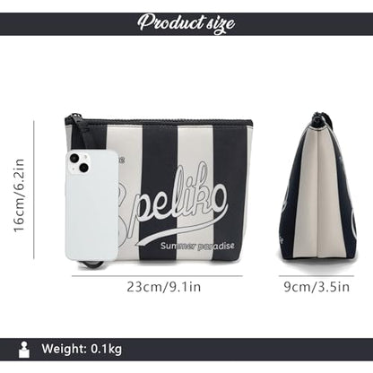 Makeup Bag with Wrist Strap, Waterproof Neoprene Cosmetic Pouch, Travel Toiletry Bag for Women, Compact for Purse - color: Black & White