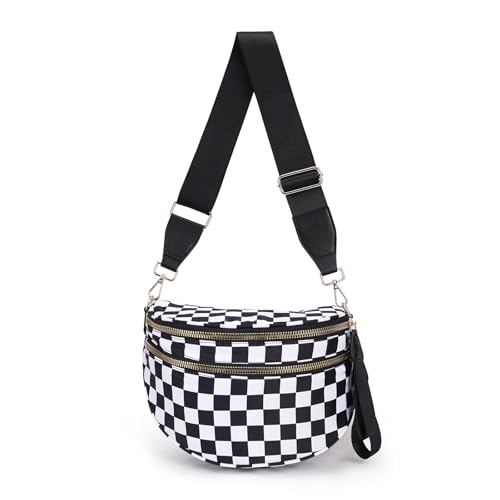 Checkerboard Crossbody Bag for Women, Expandable Plaid Belt Bag Nylon Fanny Pack with Multiple Pockets - color: Black White Checkered