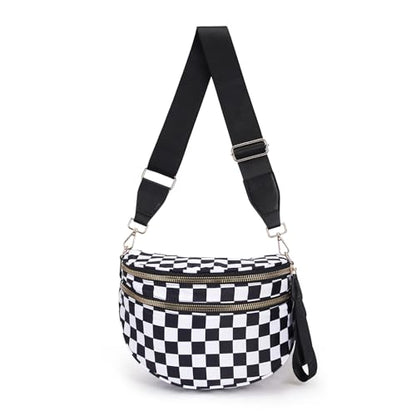 Checkerboard Crossbody Bag for Women, Expandable Plaid Belt Bag Nylon Fanny Pack with Multiple Pockets - color: Black White Checkered