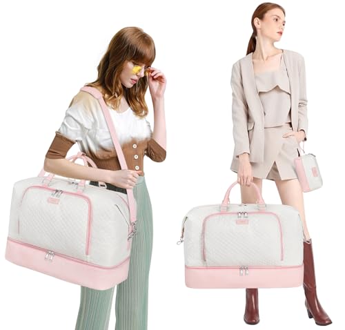 TIBES Travel Weekender Bag for Women, Overnight Bag with Shoe Compartment - color: Pink White 3pcs
