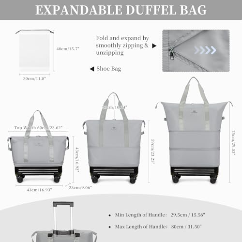Rolling Duffel Bag with Detachable Wheels & Handle,Expandable Foldable Travel Duffle Bag,Carry on Luggage Large Tote Bag for Gym Overnight Weenkend Trip(Grey) - color: Grey with Handle