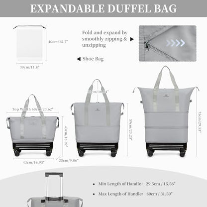 Rolling Duffel Bag with Detachable Wheels & Handle,Expandable Foldable Travel Duffle Bag,Carry on Luggage Large Tote Bag for Gym Overnight Weenkend Trip(Grey) - color: Grey with Handle