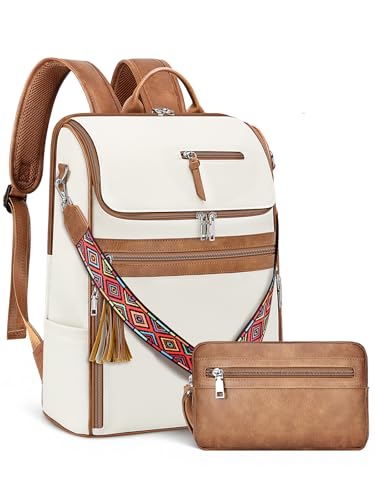 SYTRAH Leather Laptop Backpack for Women 16.5 inch Computer Packs Beige - color: Beige Brown