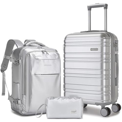 LARVENDER Carry on Luggage Sets 3 Piece, 20 Inch Suitcases, Glossy Silver - color: Glossy Silver (XL-BP), size: 3 Piece Set (Backpack/TB/20)