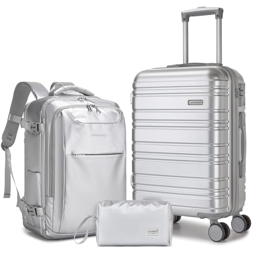 LARVENDER Carry on Luggage Sets 3 Piece, 20 Inch Suitcases, Glossy Silver - color: Glossy Silver (XL-BP), size: 3 Piece Set (Backpack/TB/20)