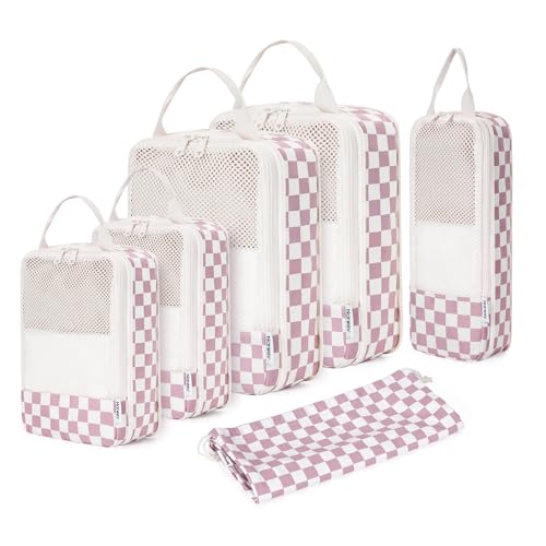 Narwey Compression Packing Cubes for Travel, Cute Luggage Organizer Bags - color: Z-Dusty Rose Checkerboard