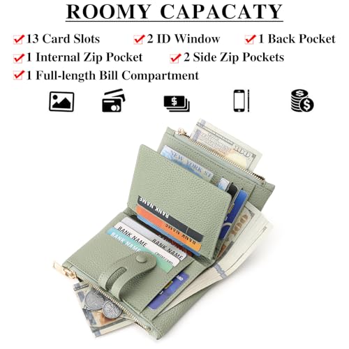 FALAN MULE Small Wallet for Women Leather RFID Blocking Wristlet Bifold Card Holder with Double Zipper Pockets - color: R-Light green