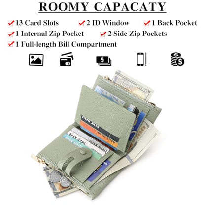 FALAN MULE Small Wallet for Women Leather RFID Blocking Wristlet Bifold Card Holder with Double Zipper Pockets - color: R-Light green