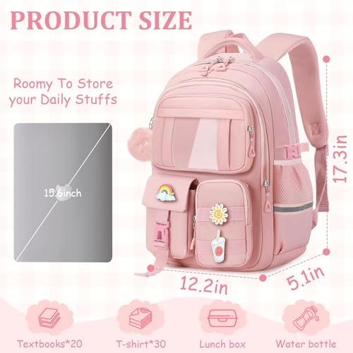 Kids Backpacks for Girls - Cute Girls Backpack for Kids Children Teens Elementary Middle School - 17″ Students Bookbag Travel Back Pack for Age 6-18 - color: Tm-pink-backpack Only
