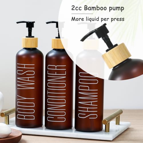 16oz Brown Shampoo and Conditioner Dispenser- Empty Refillable Pump Bottles - color: Brown&bamboo Pump