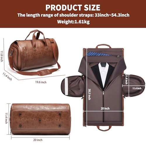 PU Leather Garment Bag, Convertible Garment Duffel Bag for Travel Mens Suit Bag 2 in 2 Waterproof Foldable Carry on Garment Bag with Shoulder Strap Weekender Bag with Shoe Pouch - color: PU-Brown