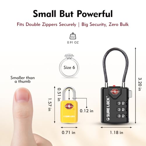 SURE LOCK Mini TSA Approved Keyed Luggage Lock – One Key Opens All, Fits Tight Zipper Gaps & Small Pull Holes, Compact Travel Lock for Suitcases, Backpacks & Handbags - color: YELLOW 2 LOCKS