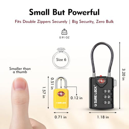SURE LOCK Mini TSA Approved Keyed Luggage Lock – One Key Opens All, Fits Tight Zipper Gaps & Small Pull Holes, Compact Travel Lock for Suitcases, Backpacks & Handbags - color: YELLOW 4 LOCKS