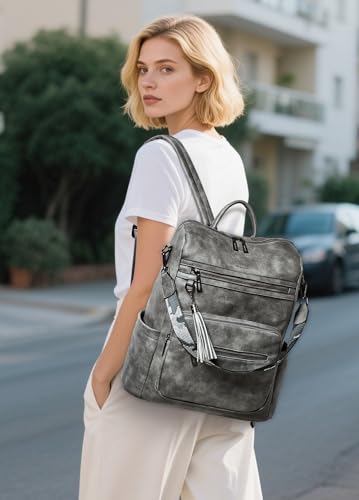 Shrrie 15.6 inch Laptop Backpack for Women,Leather Backpack Purse | Travel/Carry on/Waterproof/Luggage strap/Multi-pocket/Anti-theft back pocket/College backpack/Casual laptop backpacks - color: Two-toned Deep Gray