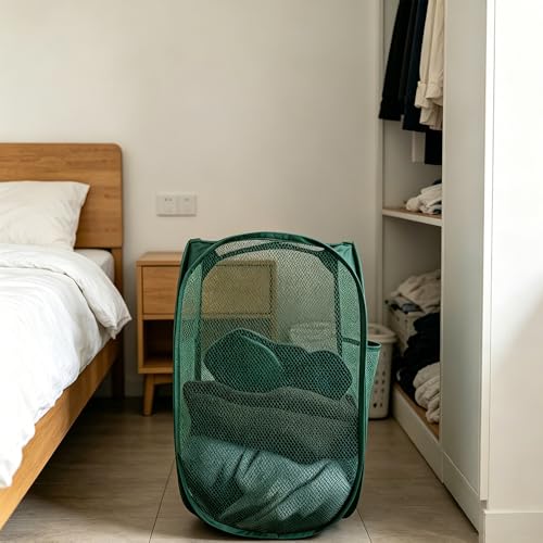 Larpur Pop Up Laundry Hamper Collapsible Mesh Clothes Basket, Dark Green - color: Dark Green