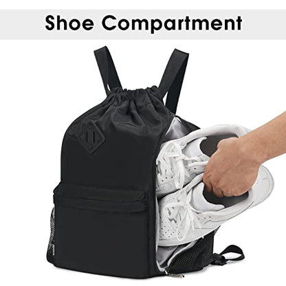 WANDF Drawstring Backpack with Shoe Compartment, Sports Gym Bag - color: L, Black, size: Large