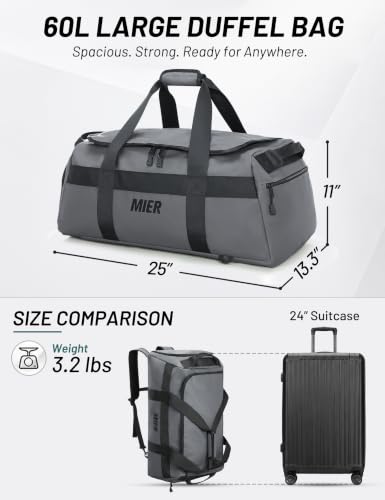 MIER Men's 60L Gym Duffle Bag Large Weekender Travel Duffel Backpack, Gray - color: Grey