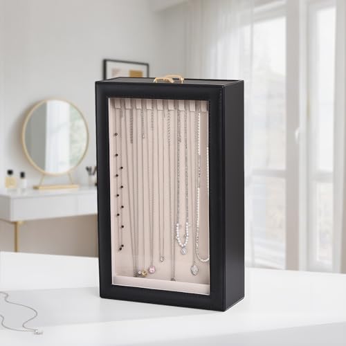 Lolalet Necklace Organizer Box, Jewelry Display Case, Black, 2 Layers - color: Black, size: 2 Layers, 20 Hooks