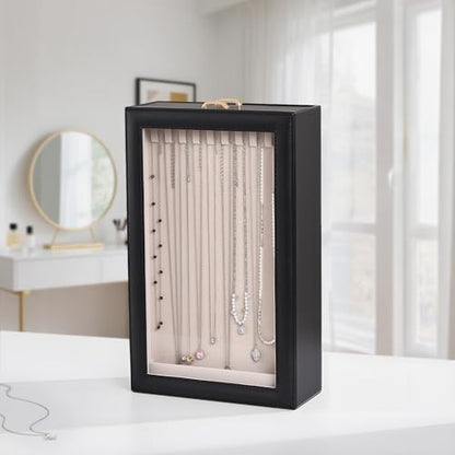 Lolalet Necklace Organizer Box, Jewelry Display Case, Black, 2 Layers - color: Black, size: 2 Layers, 20 Hooks