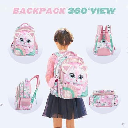 KidsPUNK Backpack for Girls Elementary:16 In School Bookbag with Lunch Box - color: 16 Inch Pink Cat 3 in 1