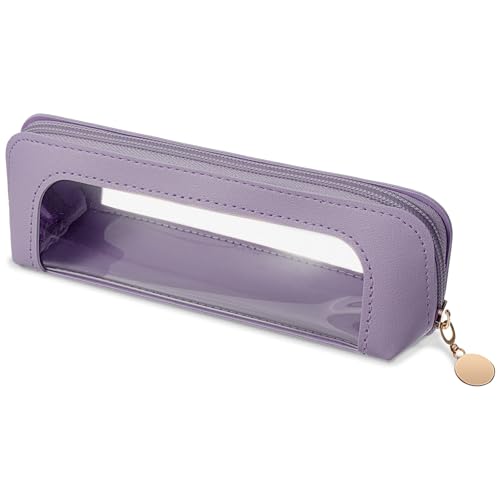 Purple Makeup Brush Travel Bag, PU Leather Clear Makeup Bag Travel Makeup Brush Holder Toiletry Bag with Zipper, Portable Cosmetics Makeup Bag Purse Organizer for Women - color: Purple