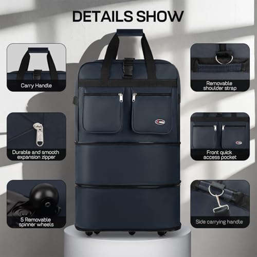 36'' Expandable Rolling Duffel Bag Suitcases w/Wheels,Foldable Luggage Bag - color: Navy, size: 36"