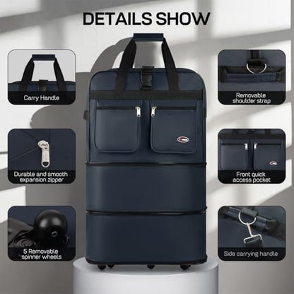 36'' Expandable Rolling Duffel Bag Suitcases w/Wheels,Foldable Luggage Bag - color: Navy, size: 36"