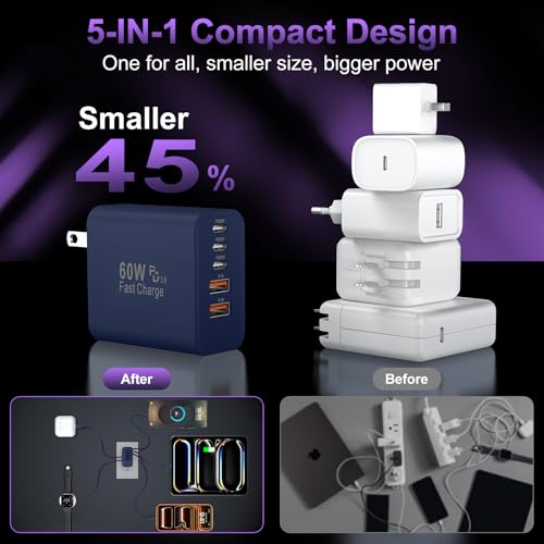 USB C 고속 벽 충전기 블록, 60W USBC 충전 큐브 2팩, 5포트 PD+QC 전원 어댑터 멀티포트 브릭 타입 C 박스 플러그 휴대폰 17/16/15/14/13/12/11/프로 맥스/플러스, 패드 미니/프로/S25/S24-딥 블루 - color: 딥 블루-2팩