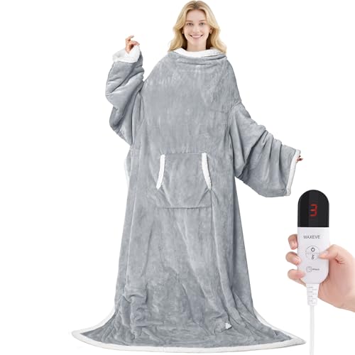 MAXEVE Heated Wearable Blanket with Foot Pocket & Sleeves Electric Snuggle - color: Light Grey, size: Long