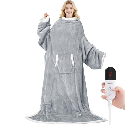 MAXEVE Heated Wearable Blanket with Foot Pocket & Sleeves Electric Snuggle - color: Light Grey, size: Long