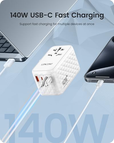 LENCENT 140W International Travel Adapter, GaN Universal Travel Adapter - color: White, size: 140W-1A3C(4 Fast Charger Ports)