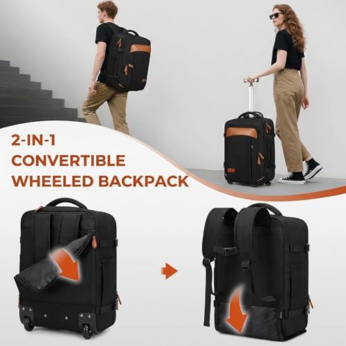 Vancropak Travel Backpack with Wheels, Rolling Backpack Fits 17.3" Laptop - color: Black Brown