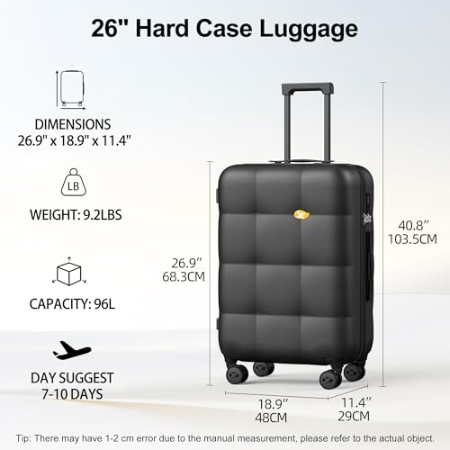 MGB 26" Hardside Suitcases with Wheels,Medium Checked Luggage,Charcoal Grey - color: Charcoal Grey, size: Checked 26 Inch
