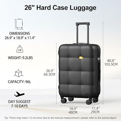 MGB 26" Hardside Suitcases with Wheels,Medium Checked Luggage,Charcoal Grey - color: Charcoal Grey, size: Checked 26 Inch