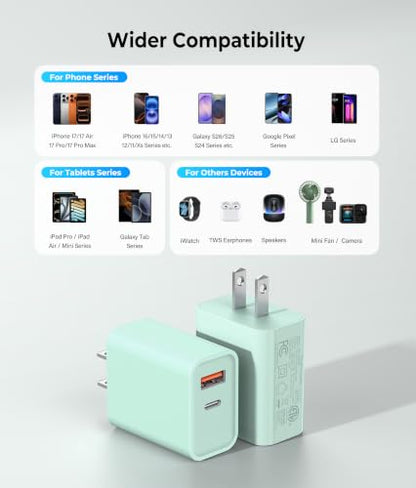 2 Pack USB C Wall Charger Block, 20W Dual Port Fast Charging Adapter - color: 2-Pack Parrot Green, size: 20W