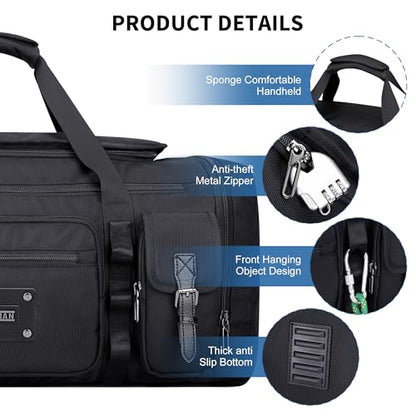 WITZMAN Duffle Bag for Men Large 55L Travel Duffel with Shoe Compartment - color: Black