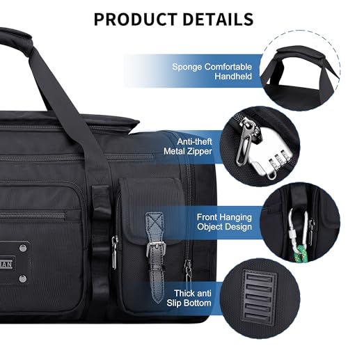 WITZMAN Duffle Bag for Men Large 55L Travel Duffel with Shoe Compartment - color: Black