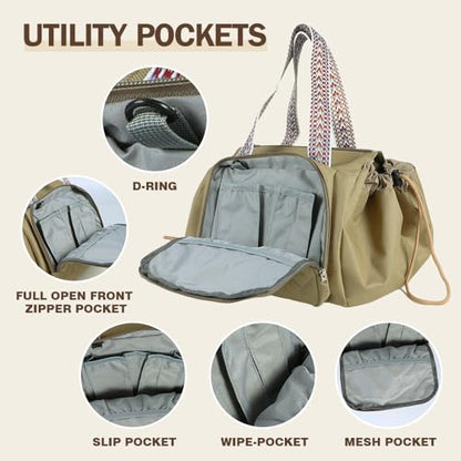 Travel Duffel Bag Weekender Bags for Women, Expandable Tote Handbag Diaper Bag Backpack Shoulder Bag for Car Work Daily - color: Khaki