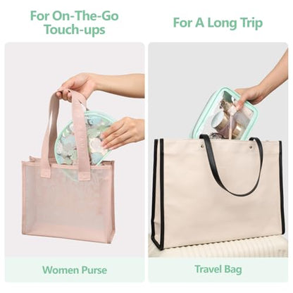 PACKISM Clear Makeup Bag Foldable - TSA Approved Toiletry Bag for Travel - color: 2 Pack Green Turtle Leaves Print, size: Hybrid Traveler (1 Large & 1 Medium - Soft)