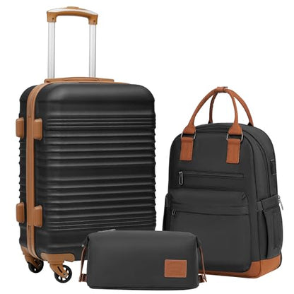 Coolife Luggage 3 Piece Set, Carry-On Hardside Suitcase, Travel Backpack - color: Black, size: 3 piece set (BP/TB/20)