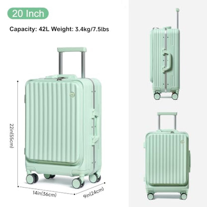 Somago Carry on Luggage Front Open 22x14x9 Airline Approved Lightweight Suitcase with Cup Holder and USB Port Aluminum Frame Polycarbonate Spinner Hard Suitcase with TSA Lock,Lime - color: Lime, size: 20 Inch Carry On (Front Opening)
