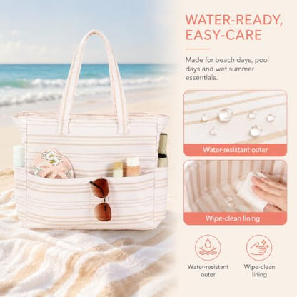 Bluboon Waterproof Beach Tote Pool Bags for Women Ladies Extra Large Carry On Bag With Wet Compartment for Weekender Travel - color: Khaki Irregular Stripes