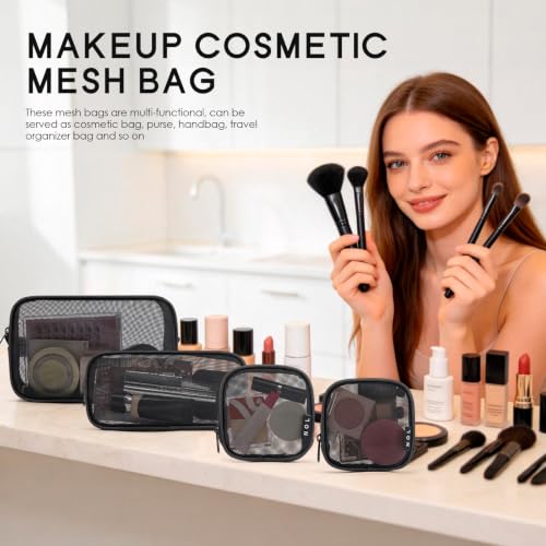 NOL Makeup Bag 4 PCS Set, Mesh Cosmetic Bag with Smooth Zipper, Clear Travel Toiletry Bag, Portable Organizer Pouch, Black See Through Case for Skincare Brushes - color: Black