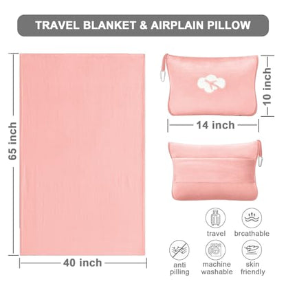 Travel Blanket and Pillow Compact, Premium Soft 2 in 1 Airplane Blanket with Soft Bag Pillowcase，Hand Luggage Sleeve and Backpack Clip (Solid Pink) - color: Pink
