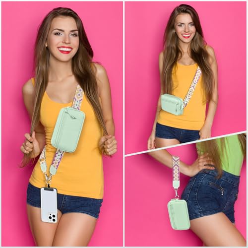 YFWE Clip and Go Strap for Phone with Wallet Crossbody, Adjustable Phone Lanyard with Detachable RFID Wristlet Wallet, Pattern Strap - Green (L) - color: Green-pattern Strap, size: Large