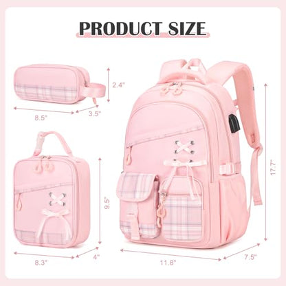 DIGOBAY Backpacks for Girls 3PCS School Backpack Lunch Box Pencil Pouch - color: Pinkplaid